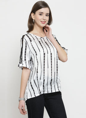Women White Printed Top With Net Detail