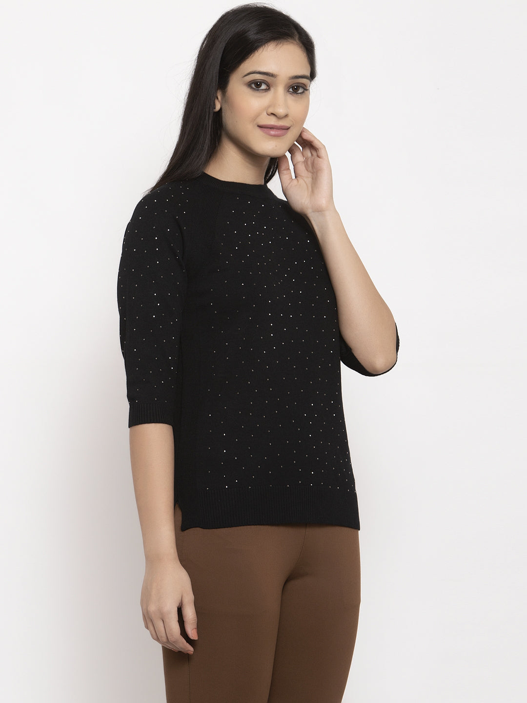 Women Black Solid Round Neck Pullover