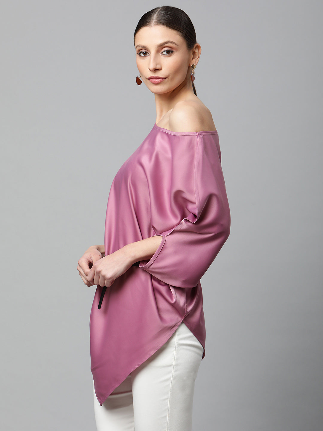 Satin Asymmetric Hem Off-Shoulder Top