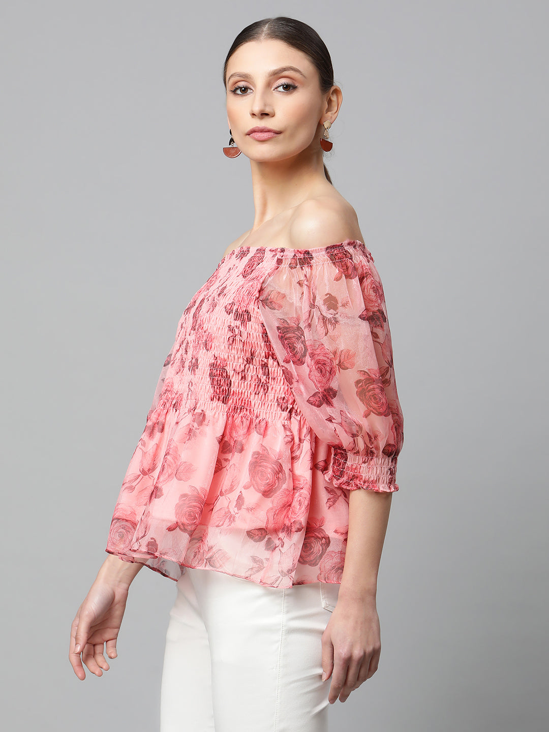 Women Off Shoulder Pink Red Floral Printed Top