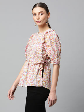 Women Pink & White Floral Peplum Top