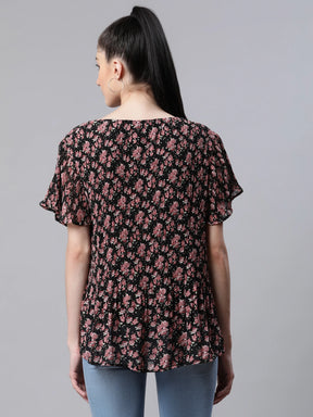 Women Floral Printed Black Loose Fit Party Blouson Top