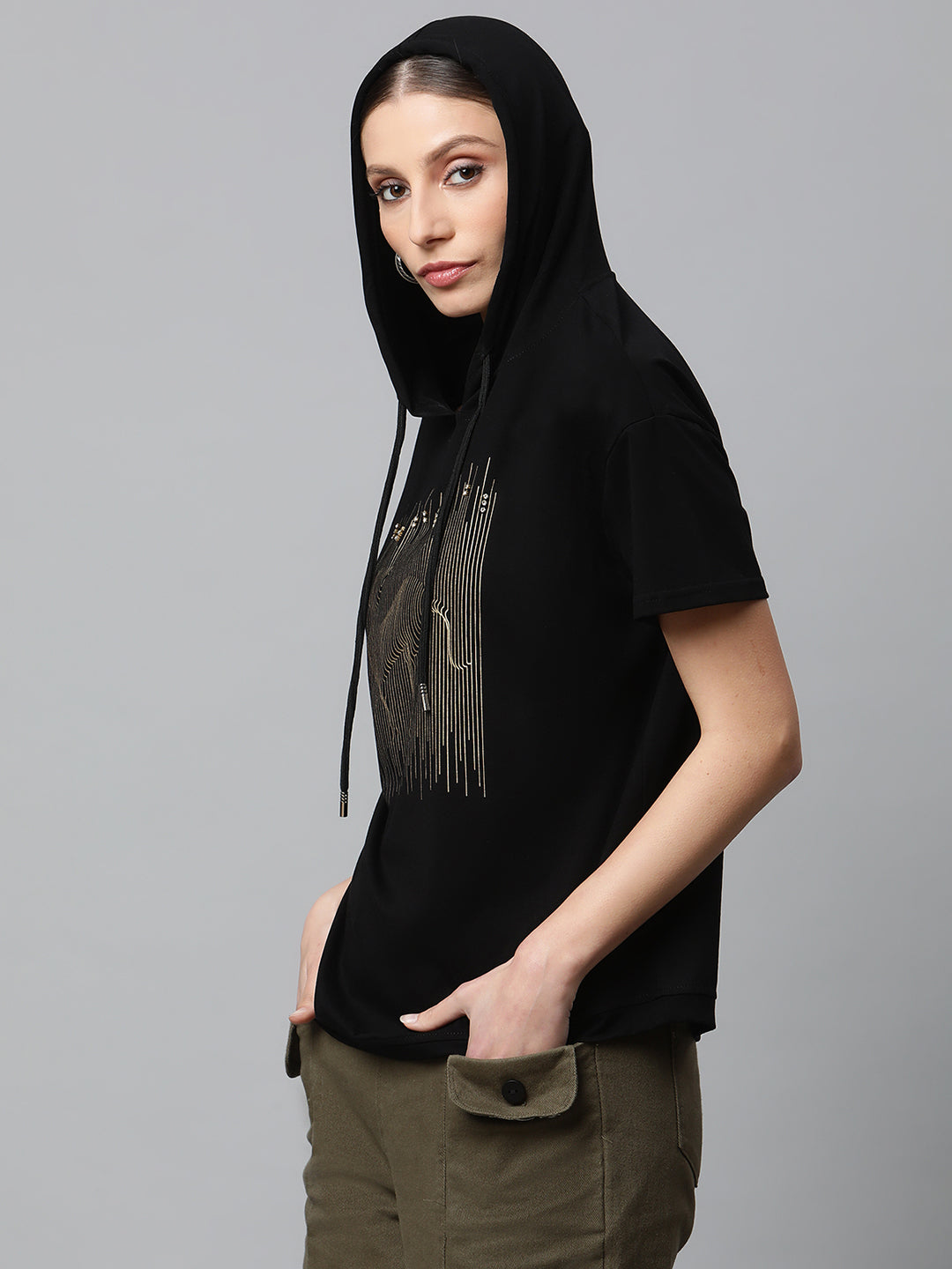 Women Black Regular Fit Hooded Embellished T-Shirt