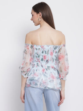 Women Off-Shoulder Blue Floral Print Peplum Top