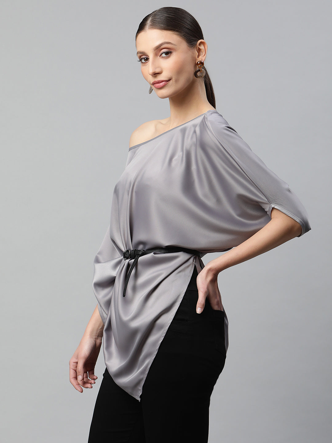 Satin Asymmetric Hem Off-Shoulder Top