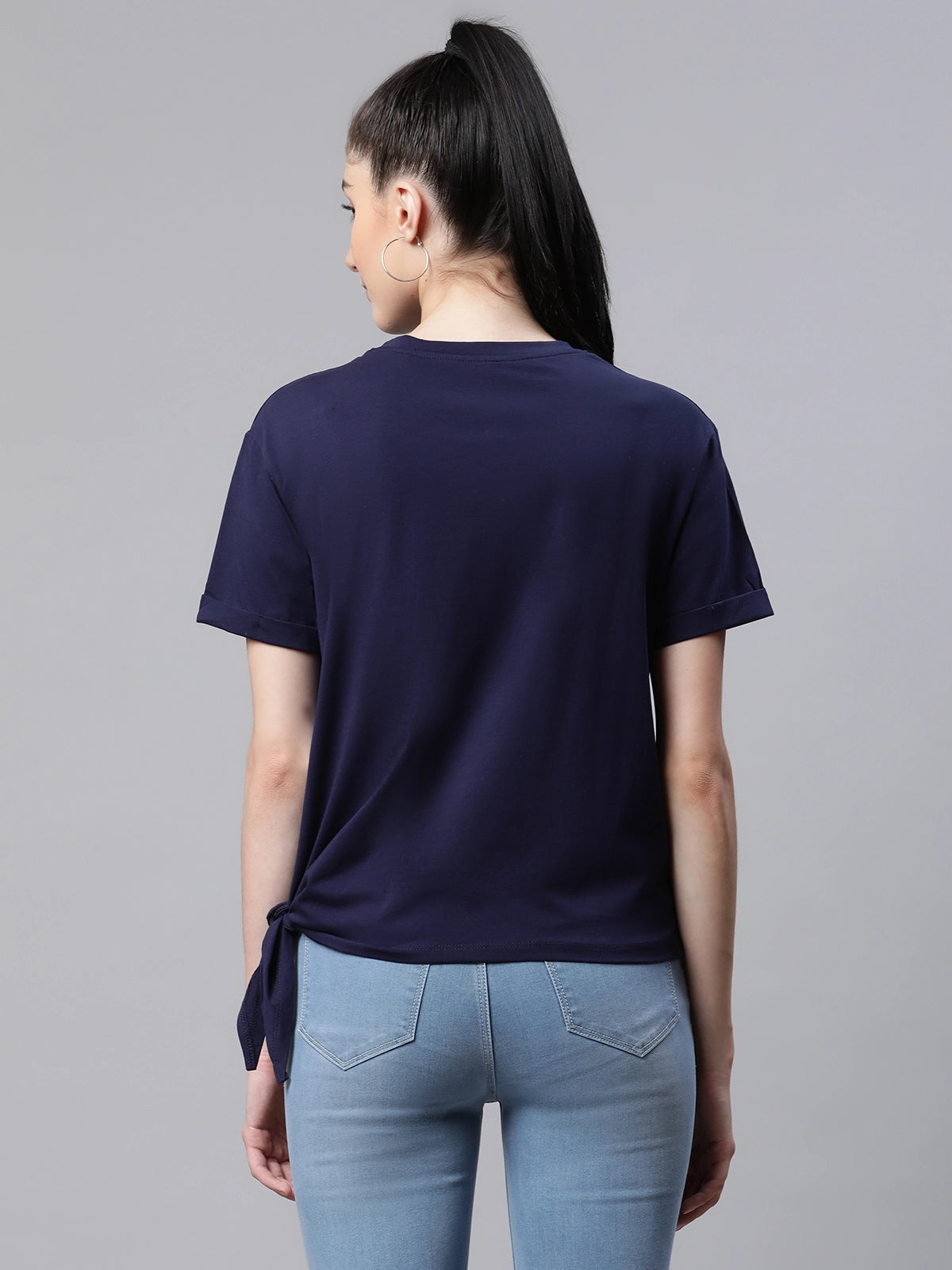 Women Embroidered Navy Blue Cotton Regular Fit Top - Global Republic