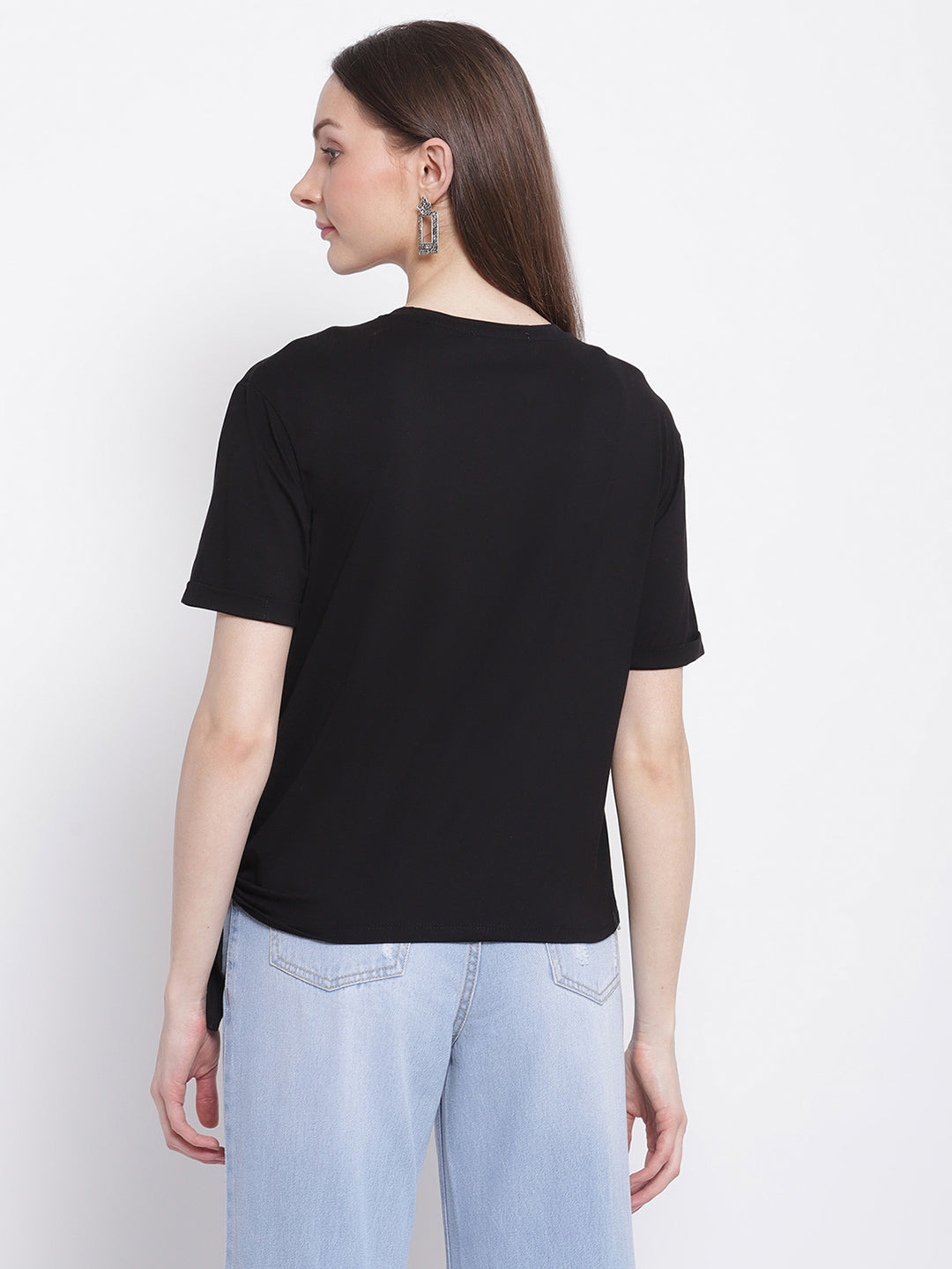 Women Black Printed Top with Knot Details at Hem
