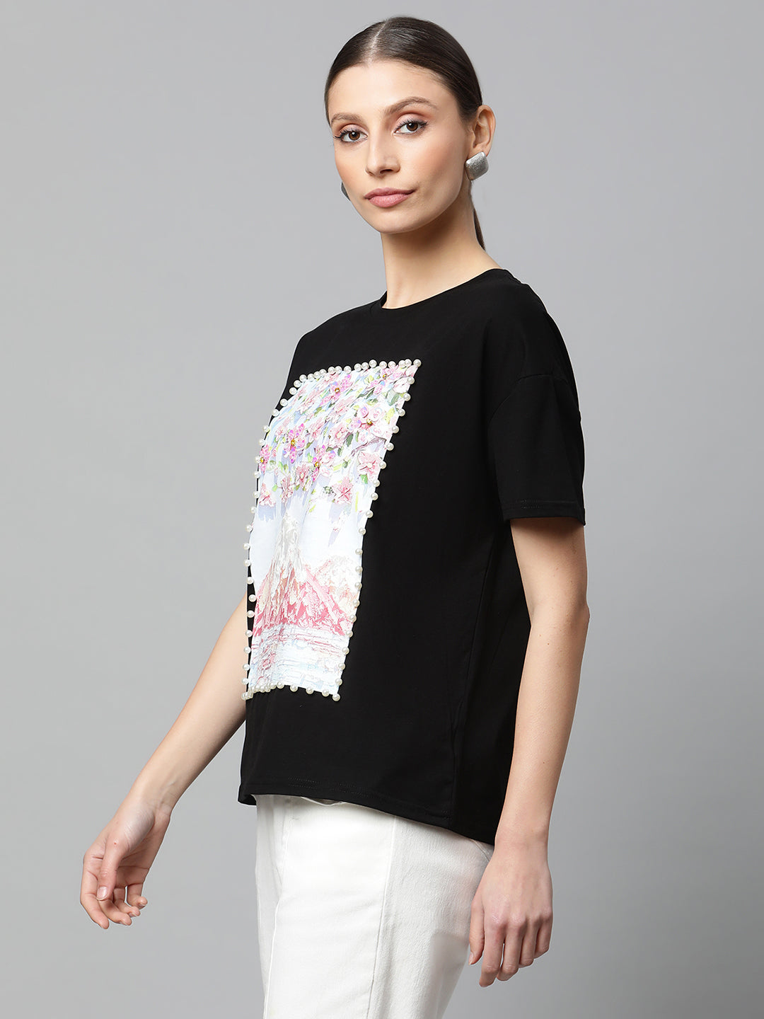 Black Floral Embellished T-Shirt - Global Republic