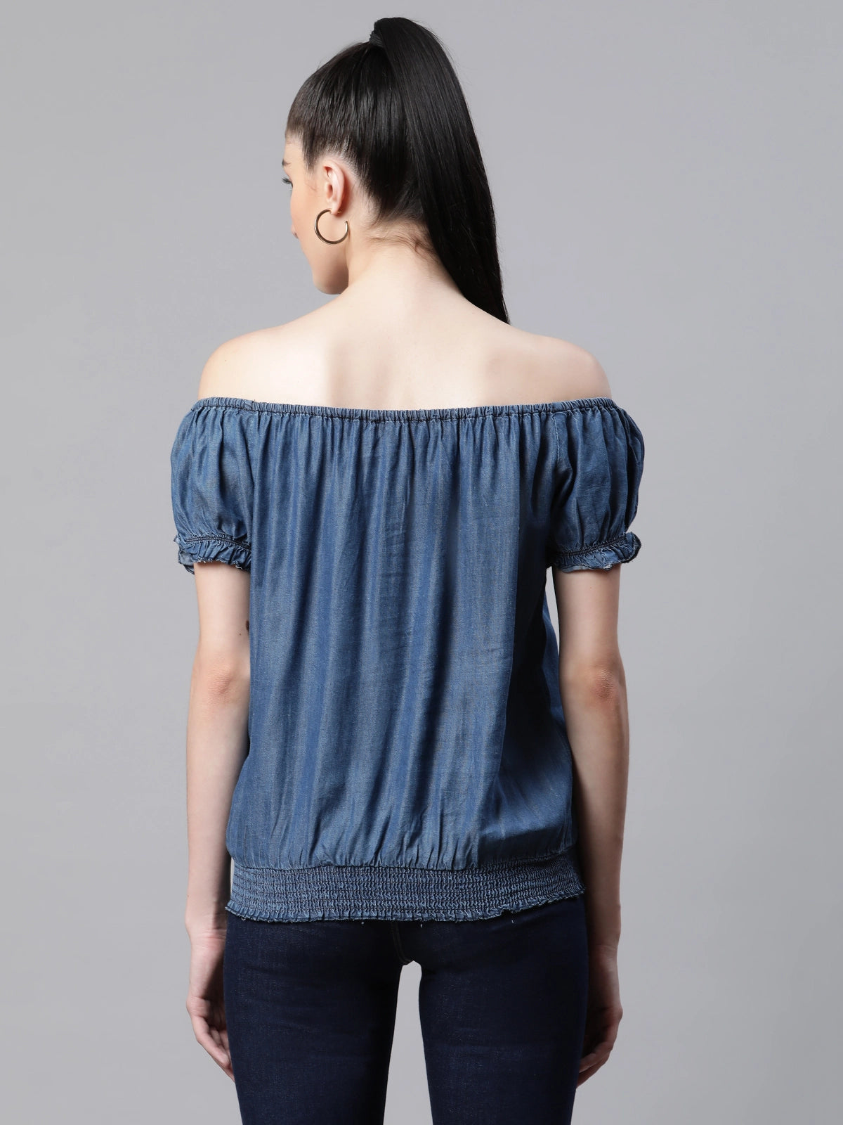 Women Blue Denim Off Shoulder Loose Fit Casual Top