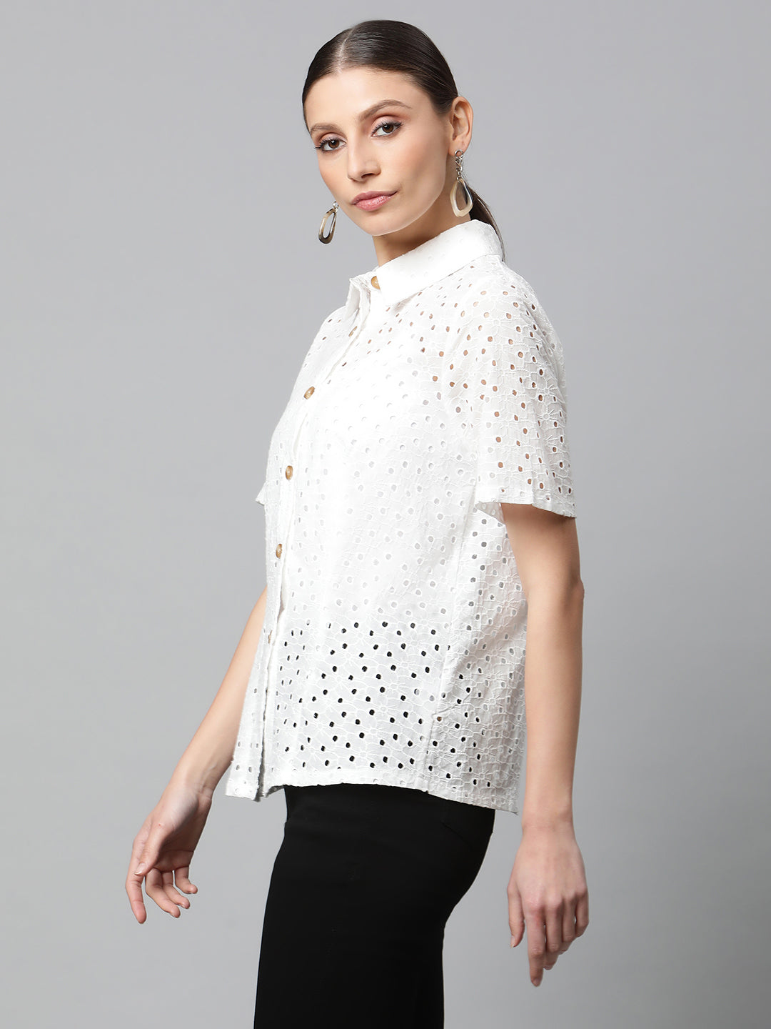 women white circle cut embroidered shirt