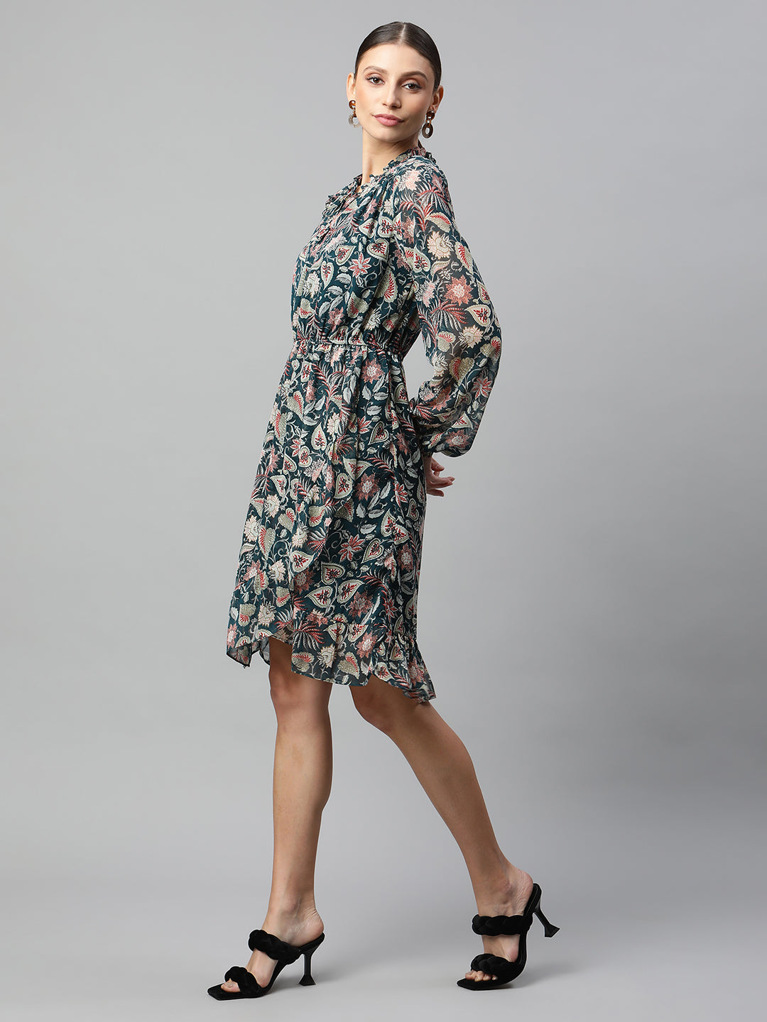 women bottle green floral printed dress