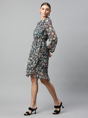 women bottle green floral printed dress
