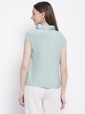 Women Solid Green V-Neck Top with Scarf