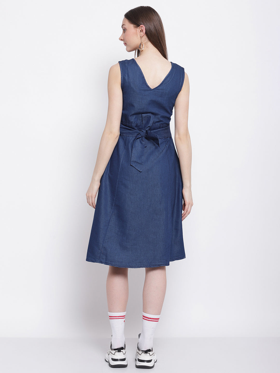 women dark blue denim a line dress