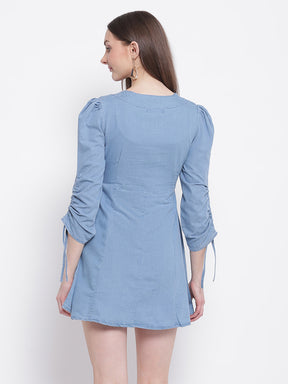 sky blue denim flared dress for women