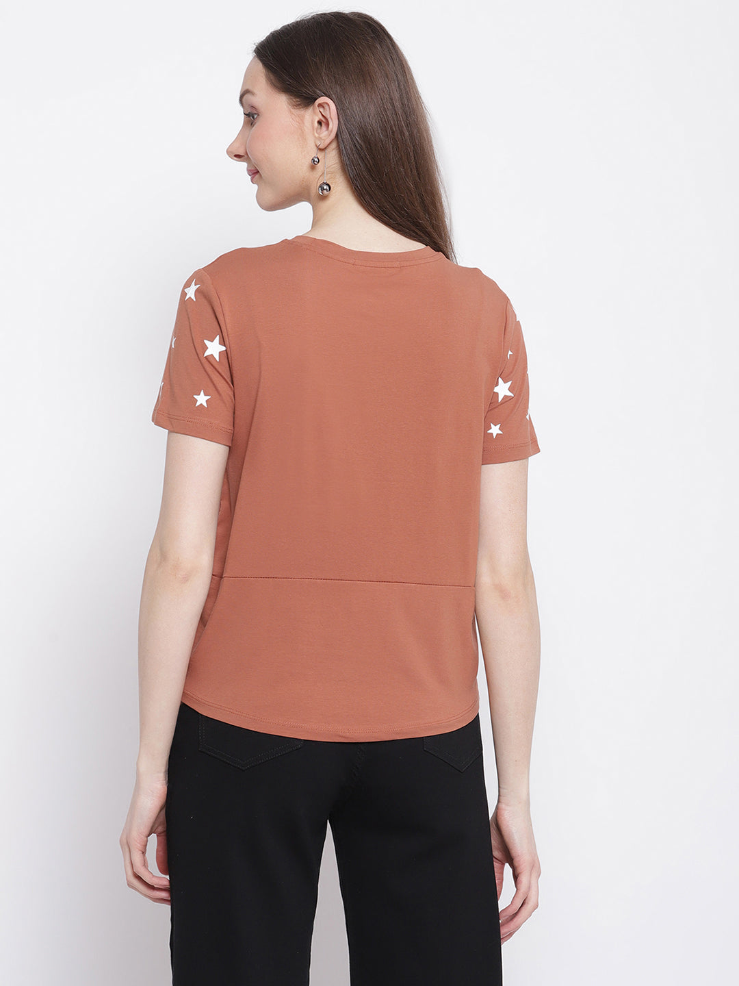 Women Stars Printed Brown Regular Fit T-Shirt