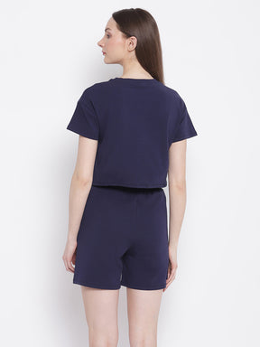 Women Navy-Blue Shortee Music Print Short-Set