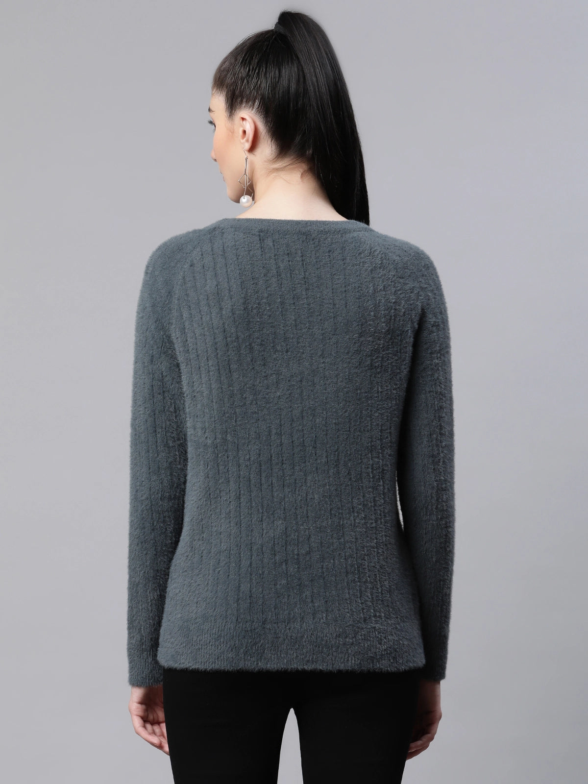 Women Pile knit  Casual Pullover With Grey Woolen