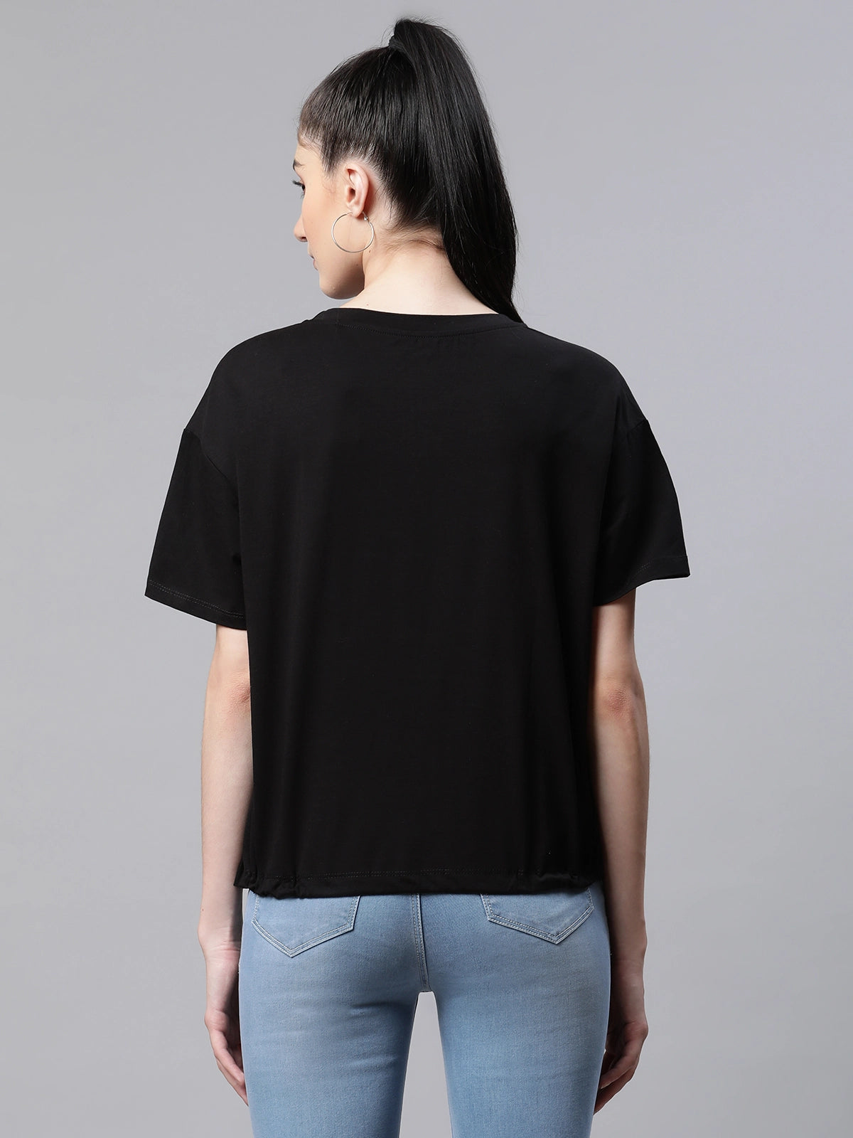 Women  Regular Fit Black Printed Cotton Casual Top - Global Republic