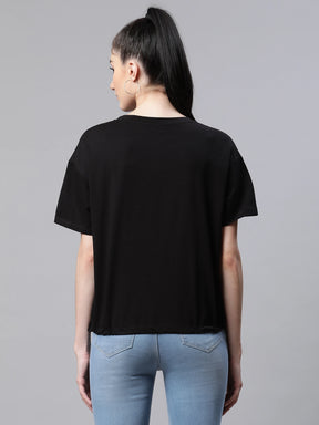 Women  Loose Fit Black Printed Hosiery Casual T-Shirt