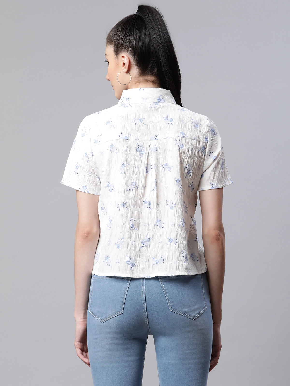 women printed white poly cotton regular fit casual shirt