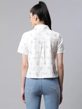 women printed white poly cotton regular fit casual shirt