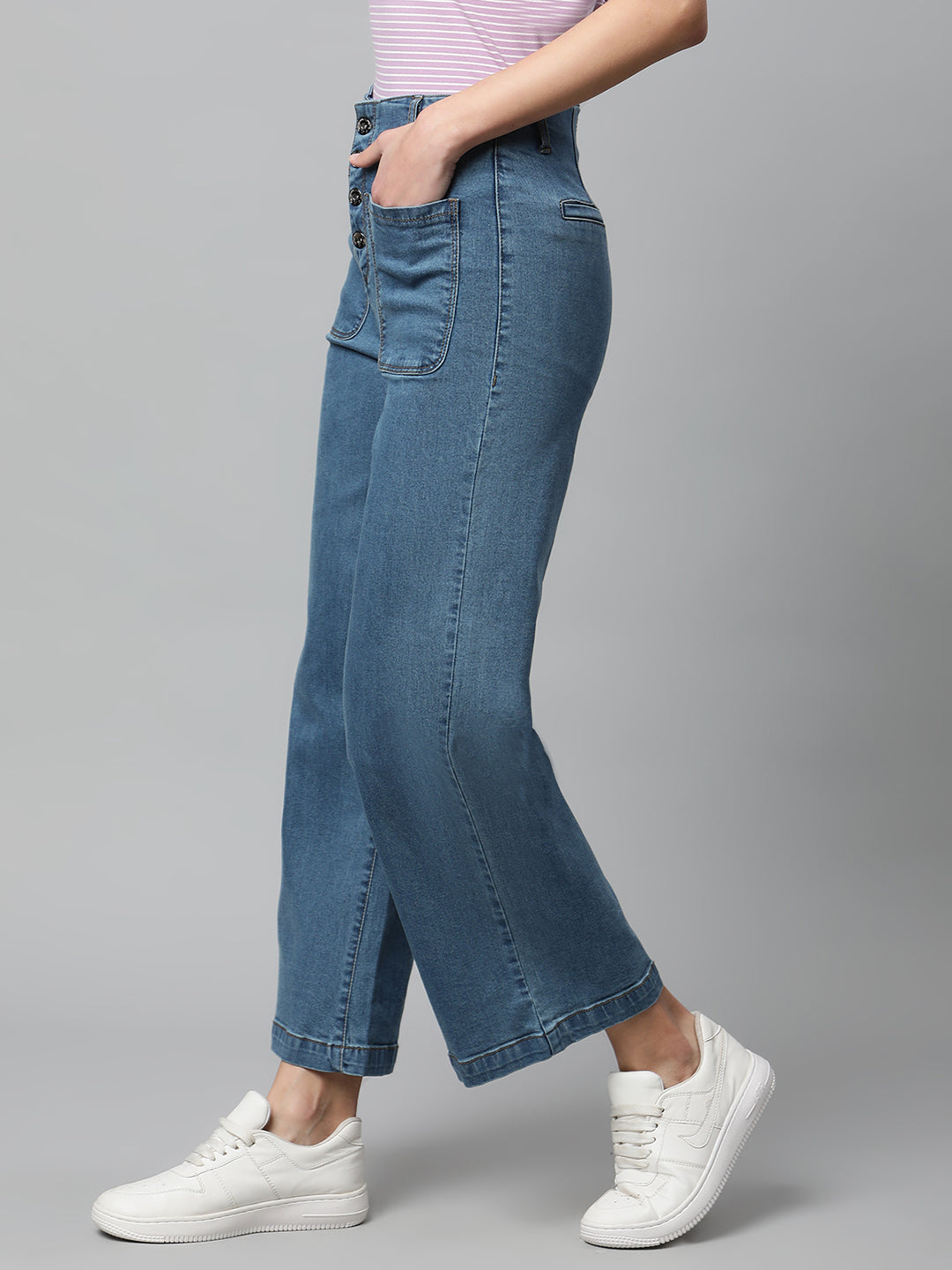 Women High Rise Cropped Length Blue Jeans