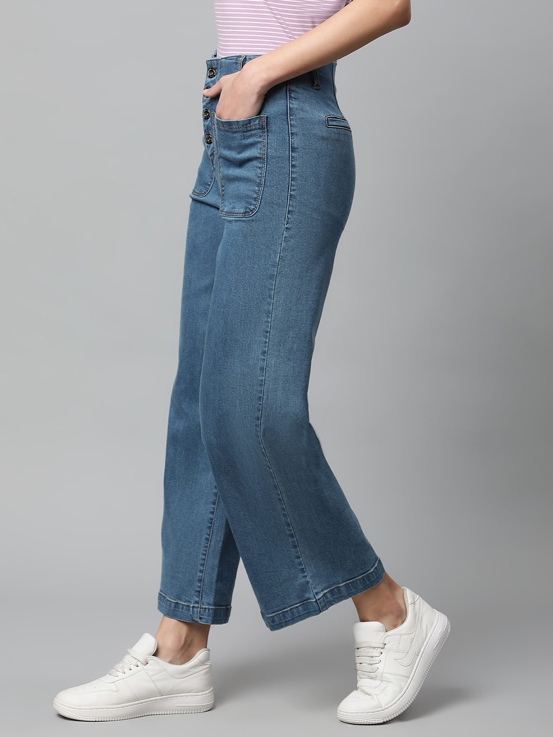 women denim mid blue high rise jeans