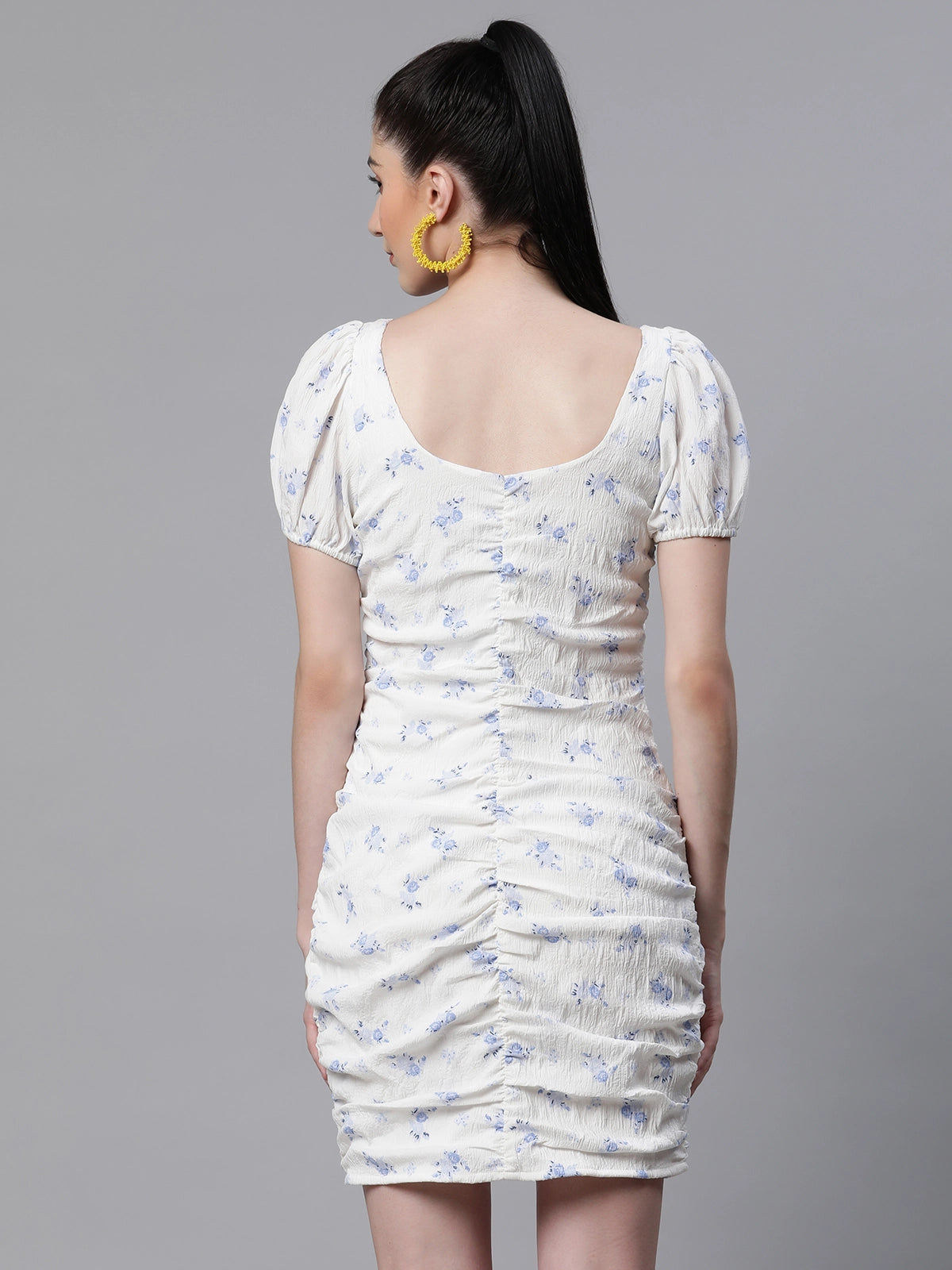 women ruched white polyester bodycon casual dress