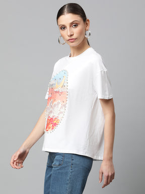 Women White Regular Fit Embellished T-Shirt
