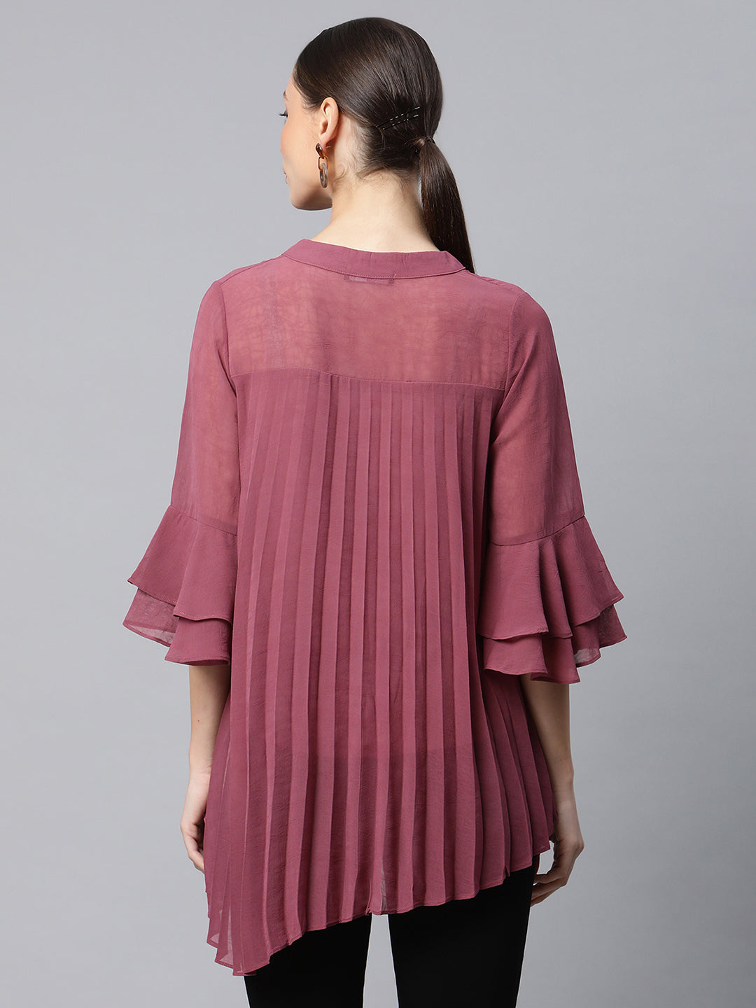 Women Mandarin Collar Flared Fit Asymmetric Hem Top