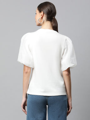 Women Regular Fit White Color Hosiery Applique T-Shirt