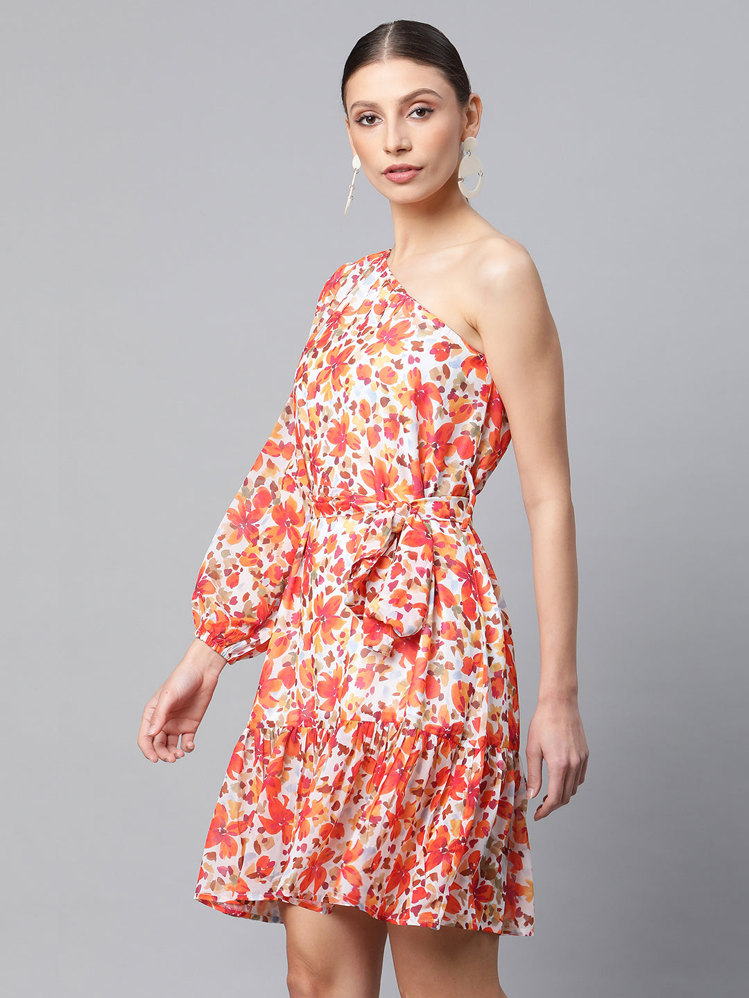 Buy Women One-Shoulder Sunset Orange Floral Dress