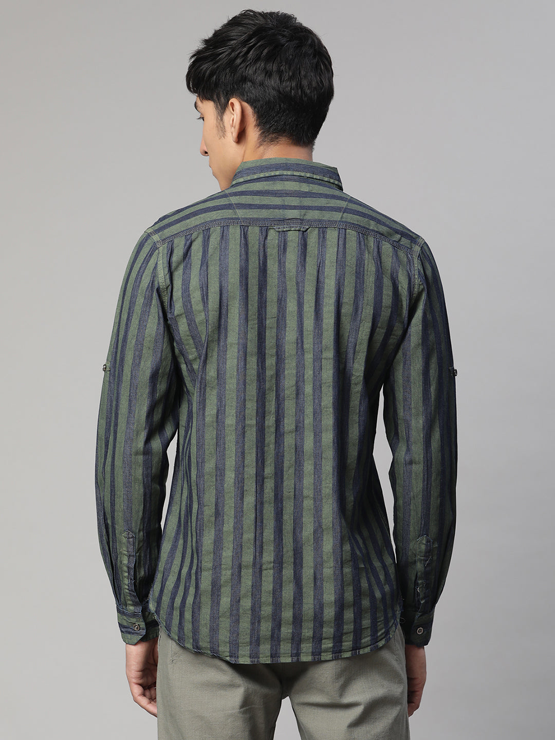 Men Green Greyish Straight Striped Shirt