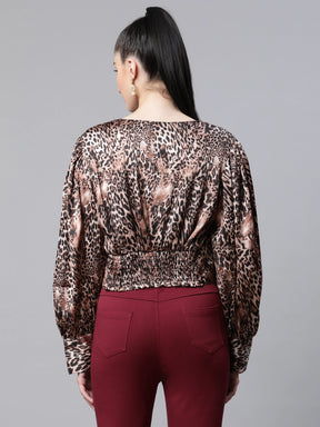 Women Animal Printed Brown Fitted Party Blouson Top