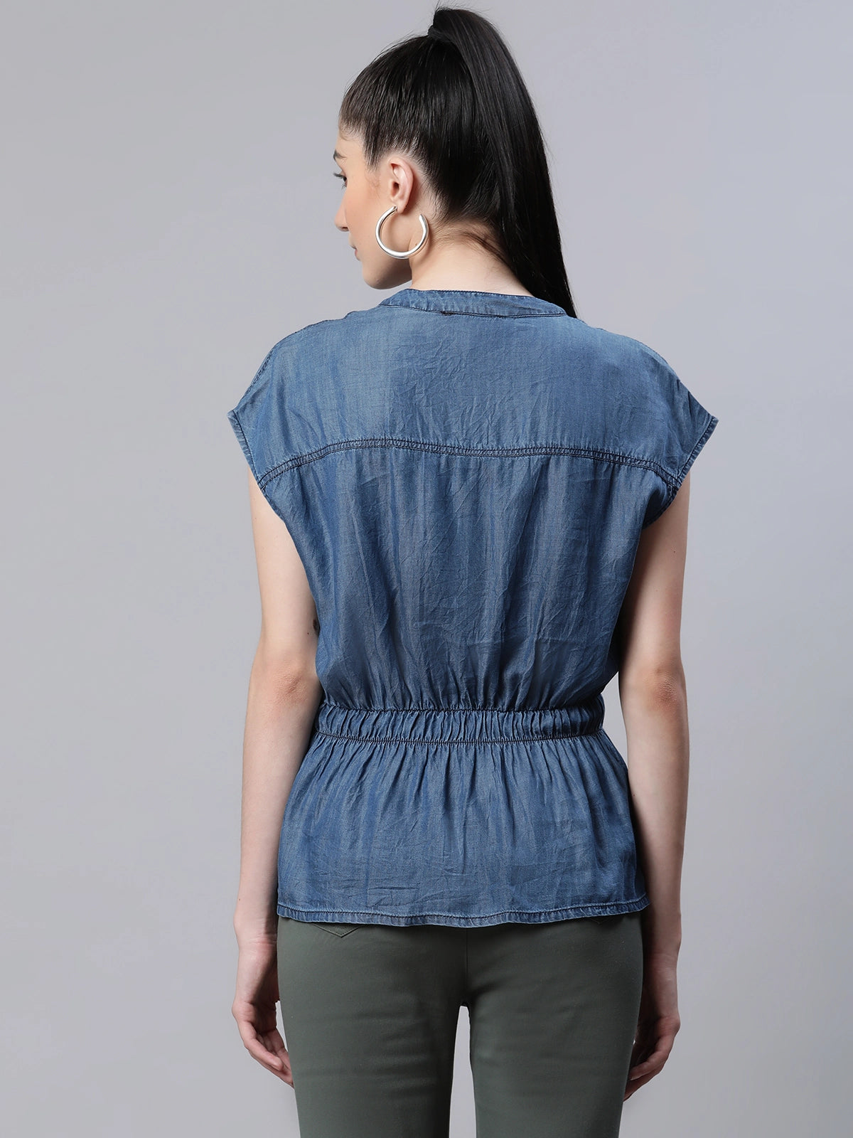 Women Blue Denim Regular Fit Blouson Top With Belt