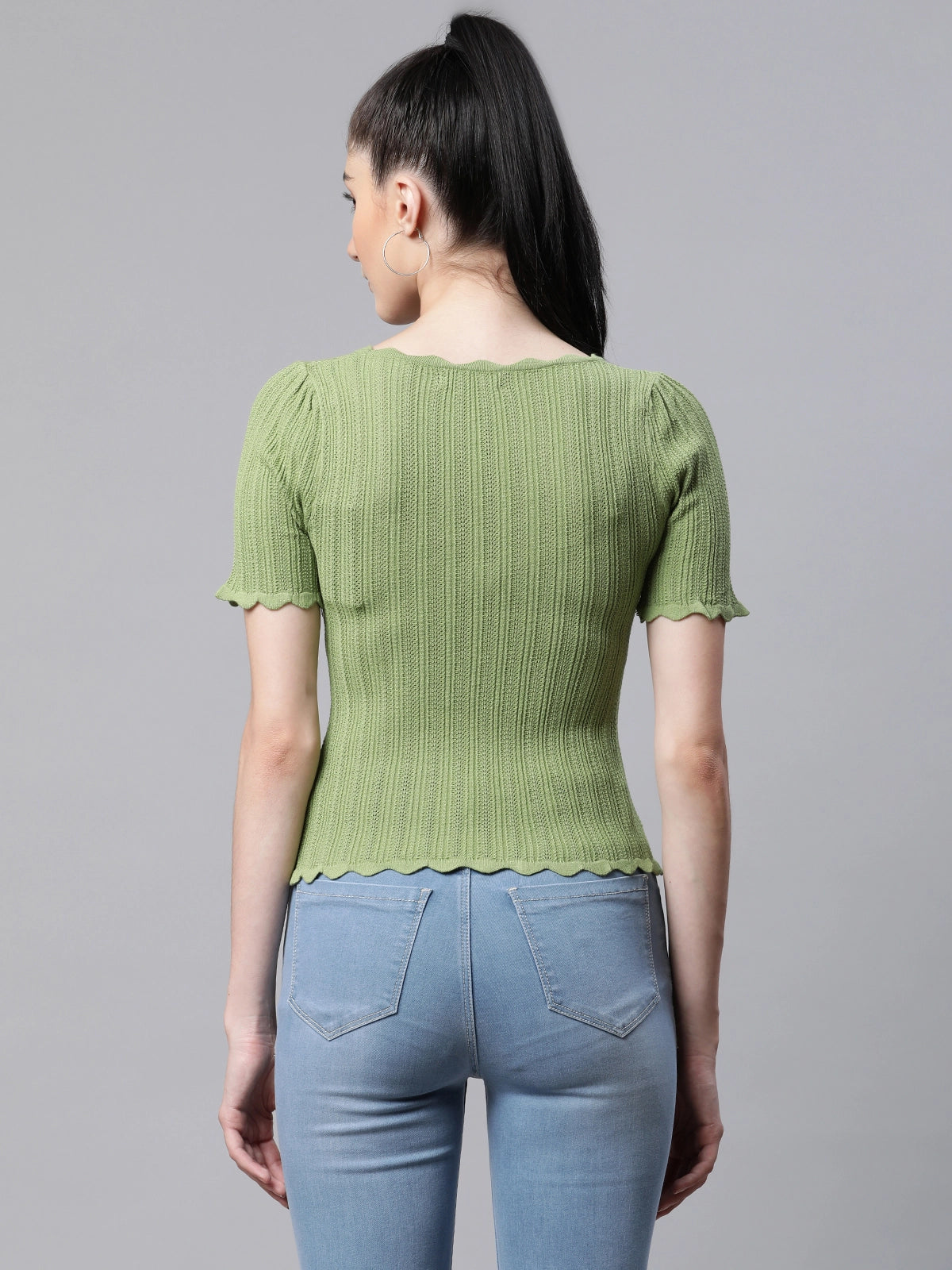 Women Square Neck Green Viscose Slim Fit Casual Top