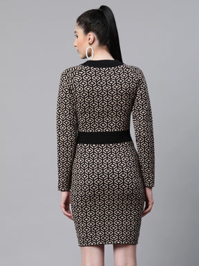 women jacquard black beige knit slim fit party dress