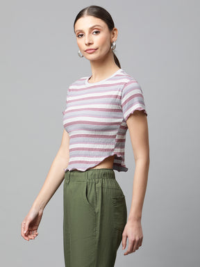 Women Brick Lavender & Multi-Color Horizontal Striped Cropped Top