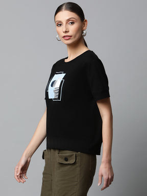 Women Regular Fit Black Animation Graphic Cotton T-Shirt