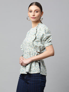 Women Sea Green & Blue Floral Peplum Top