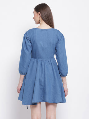 women light blue denim solid denim dress