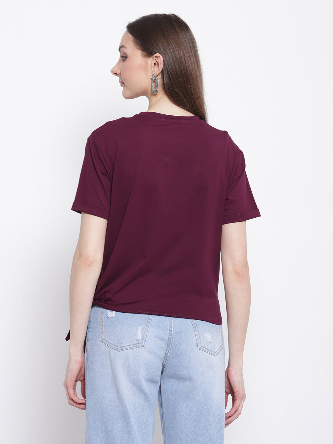 Women Maroon Printed T-Shirt with Knot Details at Hem