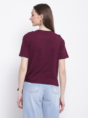 Women Maroon Printed T-Shirt with Knot Details at Hem