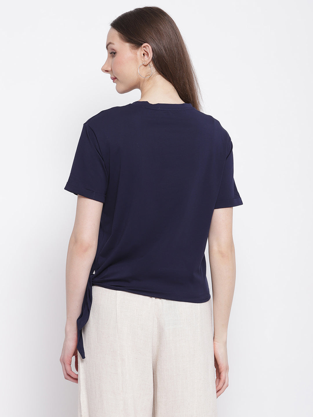 Women Navy Blue Printed Top with Knot Details at Hem