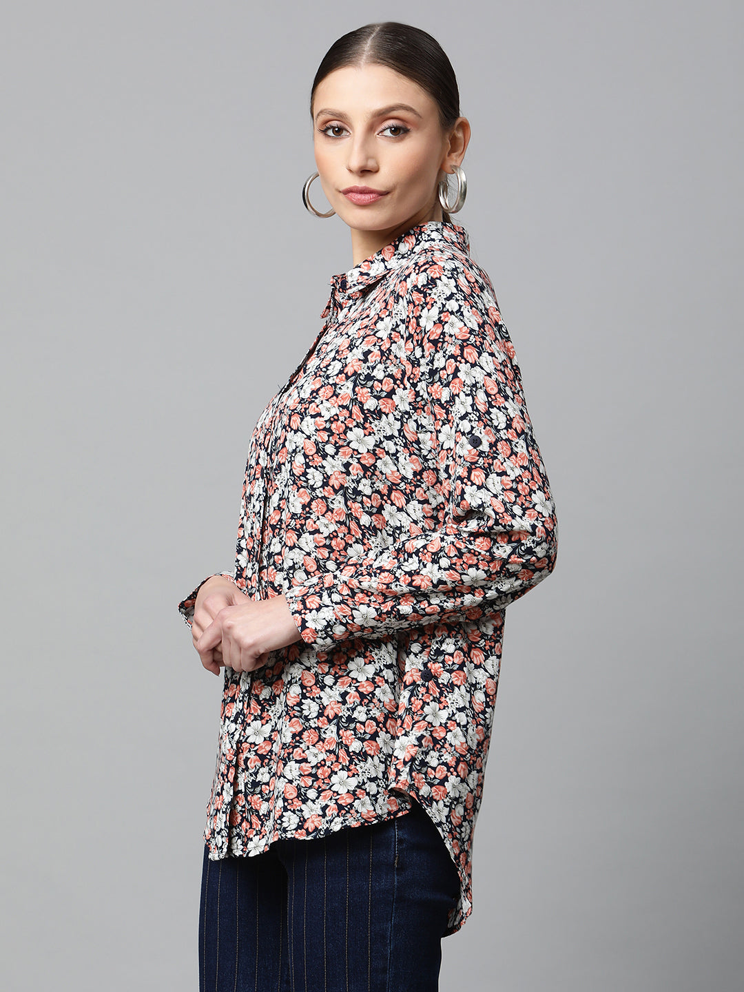 women navy blue multi floral printed shirt