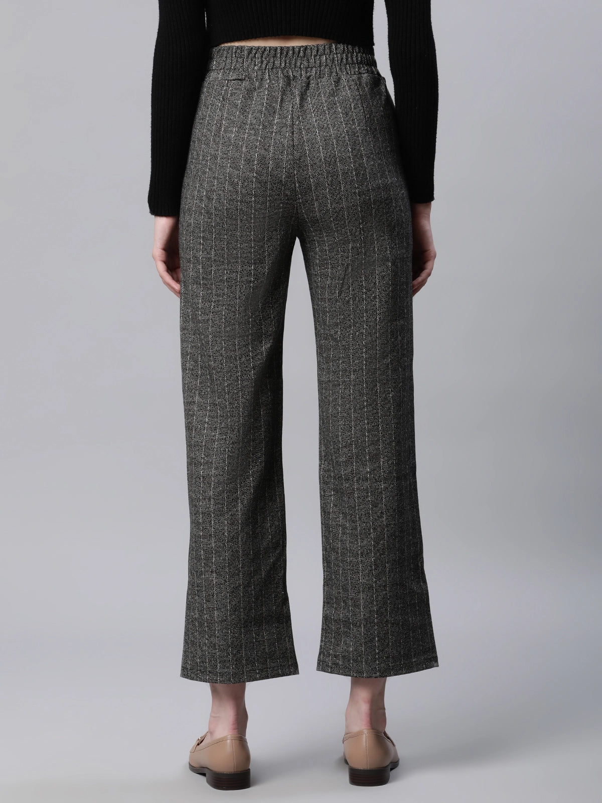 Striped High Rise Brown Straight Trousers