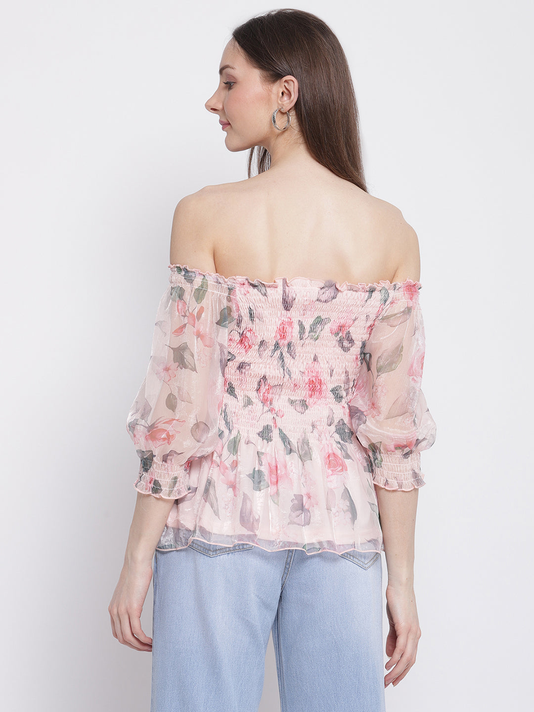 Women Off-Shoulder Pink Floral Print Peplum Top