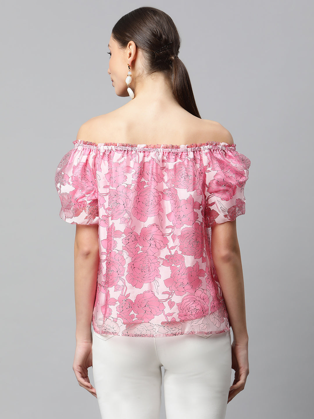 Women Pink Net Floral Off-Shoulder Printed Top