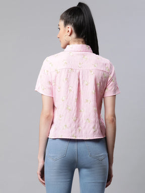 women printed pink poly cotton regular fit casual shirt